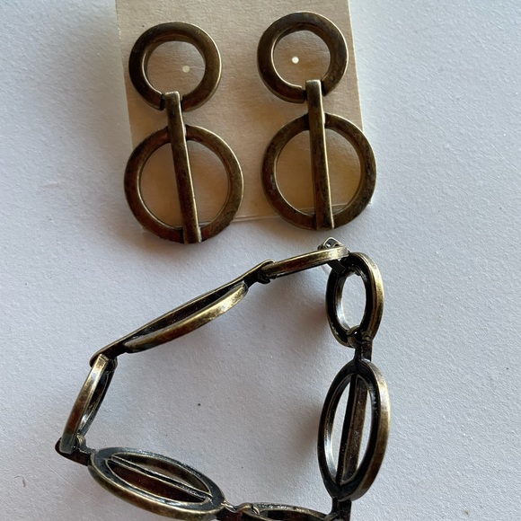 Vintage 90s bracelet & earring set of 2. Brass. Circular chain link chunky. SML - Picture 3 of 7